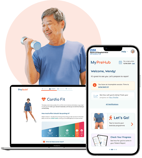 A photo of a patient exercising and the PreActiv platform on a laptop and smartphone